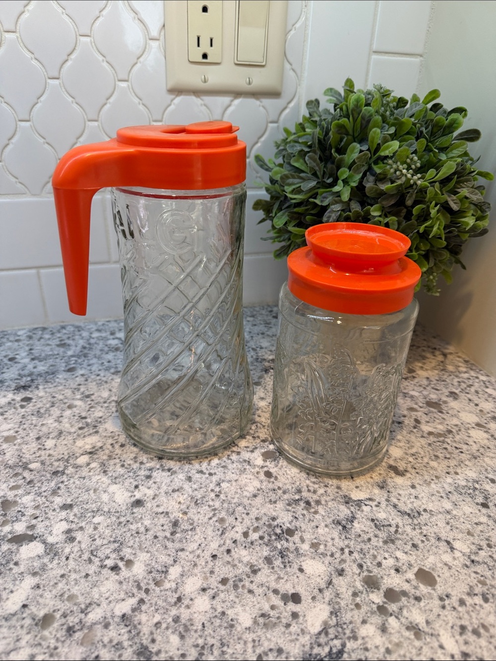 Vintage Tang Glass Pitcher and Jar Set with Orange Lids - MCM